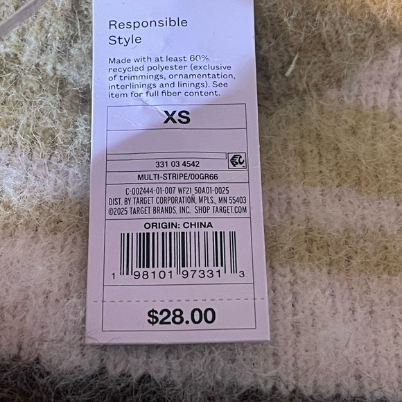 Wild Fable Striped Beige and Pink Women's Size XS Sweater Fuzzy Crew Neck NWT - Picture 5 of 10